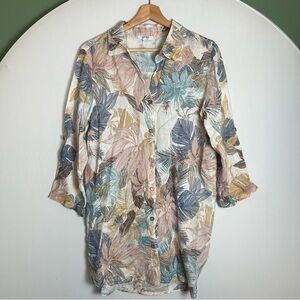 Rosemarine Italy Linen Floral Button Up Roll Tab Long Sleeve Tunic Coastal Small